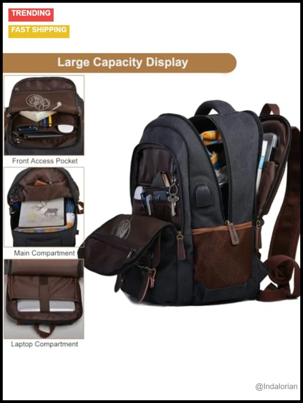 Canvas Travel Laptop Backpack with USB Charging Port, 15.6 Inch, Business